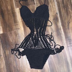 One piece black crotchet one piece bathing suit